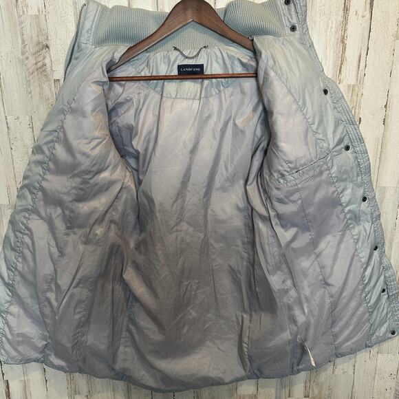 Lands End Down Feather Puffer Coat Sz Small Blue Gray Belted Gorpcore Travel EUC - Picture 3 of 14
